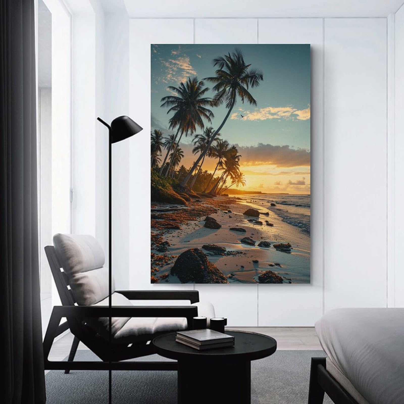 Amazon.co.jp: 絵画 夕暮れ時のヤシの木のあるビーチインテリア 絵画